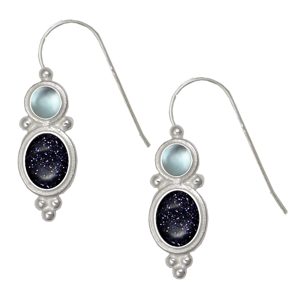 Sterling Silver Drop Dangle Earrings With Blue Goldstone And Blue Topaz